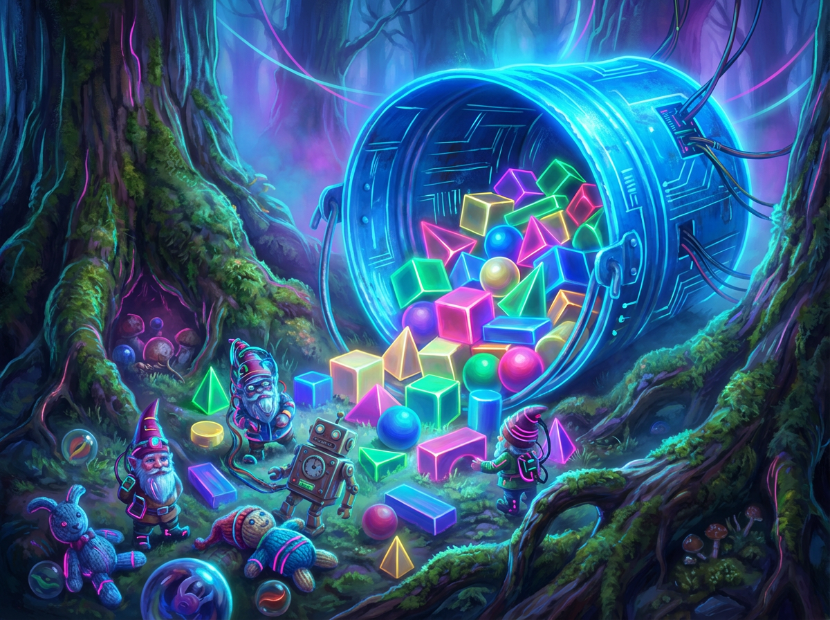 Gnomes and small dragons spill from a large wooden barrel in an enchanted mossy forest.