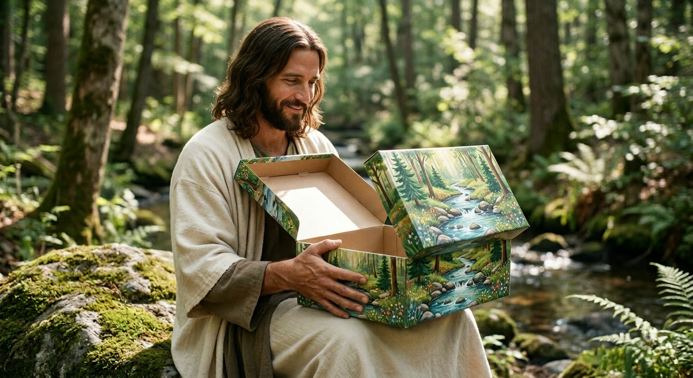 Man opening a nature-themed gift box containing toys and art supplies by a forest stream